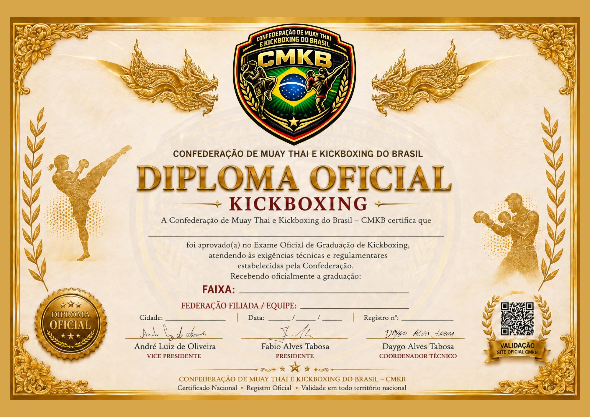 Modelo do diploma oficial de faixa preta da CMKB — Kickboxing, em formato A3